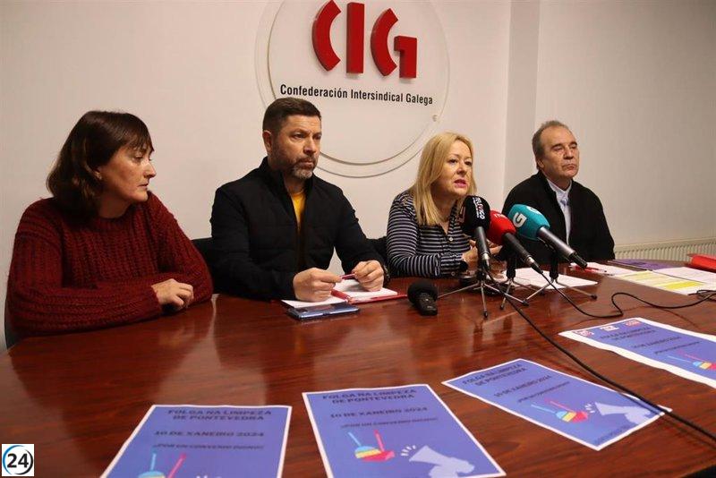 Huelga convocada en Pontevedra por el sector de limpieza de edificios y locales exigiendo un convenio justo